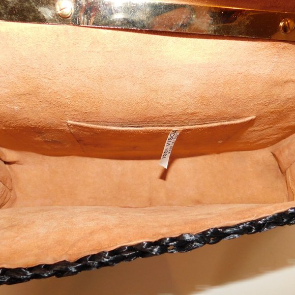 Made In Italy Woven Black Handbag 100% Visca With Gold Tone Handle Vintage - Picture 10 of 12